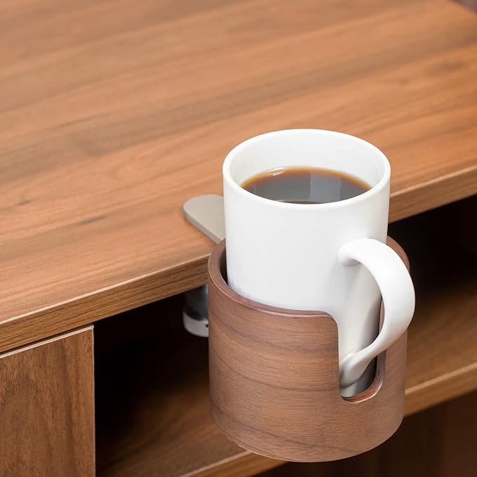 urbanplus Desk Cup Holder, Anti-Spill Walnut Wood Cup Holder for Desk with Aluminium Clamp, Office Desk Accessories, Gaming Desk Accessories, Computer Desk Accessories - LeafyLoom