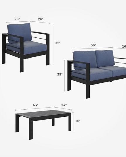 Solaste Outdoor Aluminum Furniture Set - 4 Pieces Patio Sectional Chat Sofa Conversation Set with Table,Black Frame and Blue Cushion - LeafyLoom