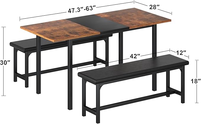 VECELO 3-Piece 63" Extendable Kitchen Table with Benches/Chairs, Modern Breakfast Dinette/Dining Room Set for 4/6/2, Small Space Saving Design, Easy Assembly, Brown - LeafyLoom
