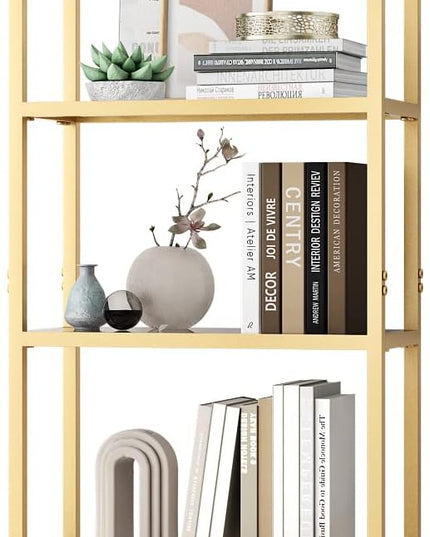 Freestanding Gold Bookshelves with Glass Shelves Storage, Modern Gold Bookcase with 4 Tier Glass Shelves, Gold Storage Organizer for Office, Living Room - LeafyLoom