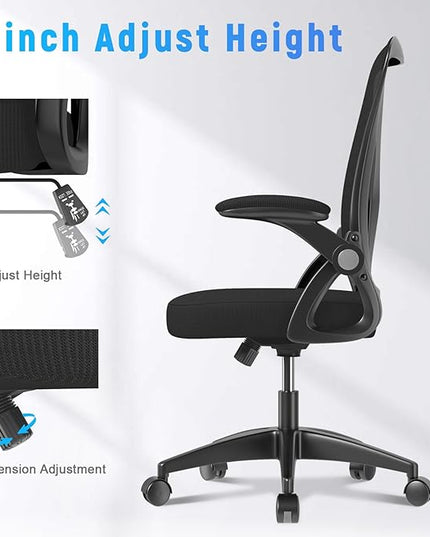 naspaluro Ergonomic Office Chair, Mid Back Desk Chair with Adjustable Height, Swivel Chair with Flip-Up Arms and Lumbar Support, Breathable Mesh Computer Chair for Home/Study/Working, Dark Black - LeafyLoom
