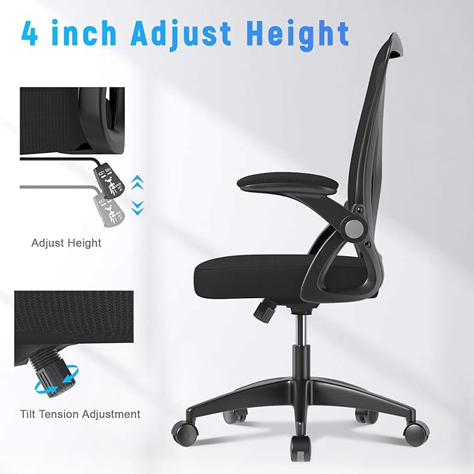 naspaluro Ergonomic Office Chair, Mid Back Desk Chair with Adjustable Height, Swivel Chair with Flip-Up Arms and Lumbar Support, Breathable Mesh Computer Chair for Home/Study/Working, Dark Black - LeafyLoom