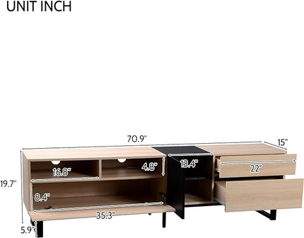 71 Inch TV Stand with Double Storage Space for TVs up to 80'', Modern TV Console with Drop Down Door, Entertainment Center for Living Room, Bedroom and Home Theatre, Natural Wood+Black - LeafyLoom