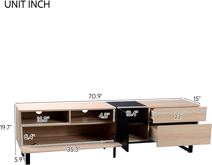 71 Inch TV Stand with Double Storage Space for TVs up to 80'', Modern TV Console with Drop Down Door, Entertainment Center for Living Room, Bedroom and Home Theatre, Natural Wood+Black - LeafyLoom