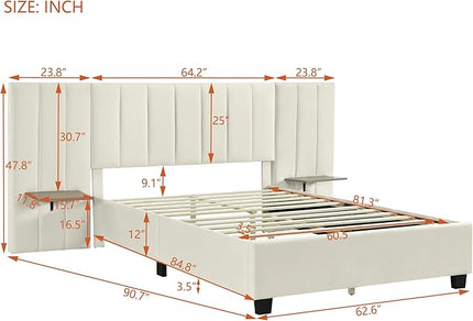 Queen Upholstered Platform Bed Frame with Extended Headboard and and Two Shelves, Velvet Bed, No Box Spring Needed, Beige - LeafyLoom