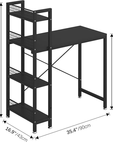 4NM 35" Small Computer Desk with 4-Tier Bookshelf and 8 Hooks, Home Office Desk Writing Workstation Study Table for Small Space Work - All Black - LeafyLoom