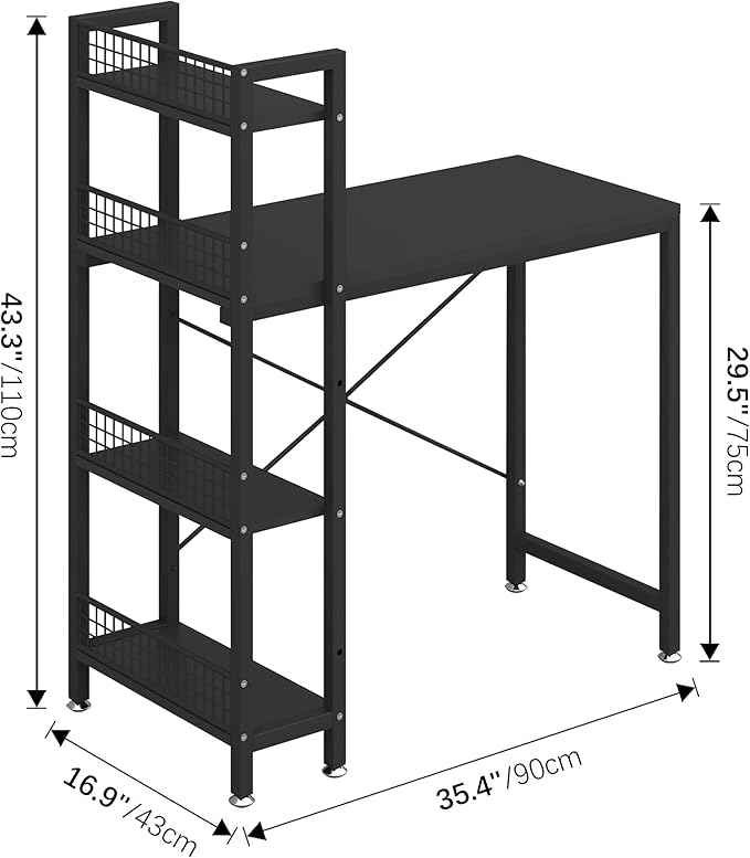 4NM 35" Small Computer Desk with 4-Tier Bookshelf and 8 Hooks, Home Office Desk Writing Workstation Study Table for Small Space Work - All Black - LeafyLoom