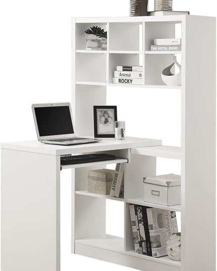 Monarch Specialties 7022, Home Office, Bookcase, Storage Shelves, Set-up, L Shape, Work, Laptop, Laminate, White Computer Desk Left Or Right Facing Corner, 35.5" L x 38" W x 60" H - LeafyLoom