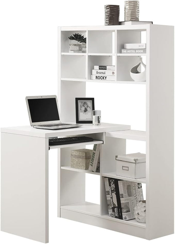 Monarch Specialties 7022, Home Office, Bookcase, Storage Shelves, Set-up, L Shape, Work, Laptop, Laminate, White Computer Desk Left Or Right Facing Corner, 35.5" L x 38" W x 60" H - LeafyLoom