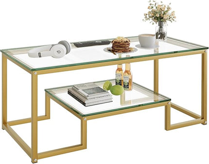 Coffee Table Gold Glass Coffee Table for Living Room,2 Tiers Rectangle Center Table with Sturdy Metal Frame,Modern Tempered Glass Accent Table for Bedroom Home Office - LeafyLoom