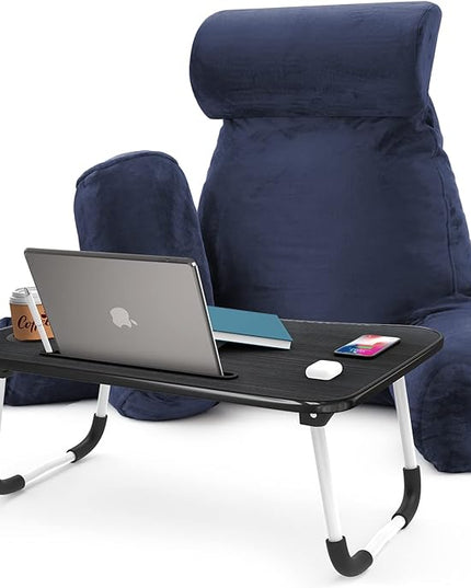 Nestl Reading Pillow with Portable Laptop Lap Desk, Velvet Feel Back Pillow for Sitting in Bed, Shredded Memory Foam Back Support Pillow for Bed, Bed Rest Pillow with Arms, Large - Navy - LeafyLoom