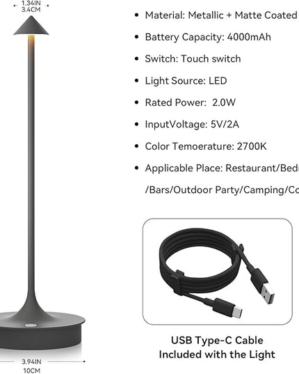 Set of 2 Cordless Table Lamp Rechargeable, Battery Operated Desk Lamp, 4000mAh LED Touch Lamp, Dimmable Portable Outdoor Waterproof Wireless Table Light for Restaurants/Bars/Outdoor(Gray) - LeafyLoom