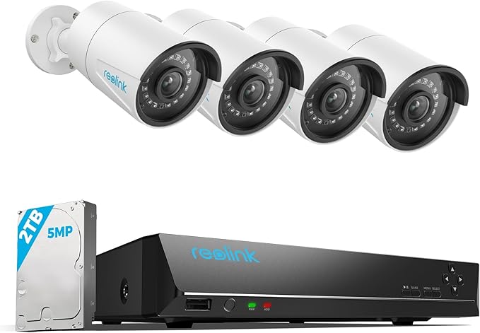 REOLINK 8CH 5MP Security Camera System, 4pcs Wired PoE Cameras for Home Security Outdoors, Smart Person/Pet/Vehicle Detection, 4K 8CH NVR with 2TB HDD for 24-7 Recording, RLK8-410B4-5MP White REOLINK