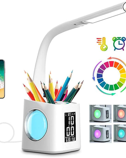 wanjiaone LED Desk Lamp with Clock,Color Changing Nightlight,Study Lamp with Pen Holder,Desk Light with USB Charger,Table Light for Home,Office,Bedroom,Gift for Kids,Students,Women,White - LeafyLoom