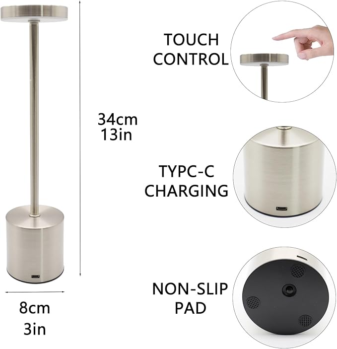 2 Pack Cordless Table Lamp Rechargeable 5000mAh Battery Operated Portable LED Desk Lamp 3 Color Temperature Stepless Dimming for Bedroom Restaurant Coffee Shop Party (Silver) - LeafyLoom