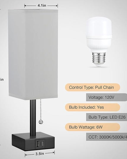 Gray Small Bedroom Lamp - 3 Color Temperature 3000K 5000K 4000K Bedside Lamp, Pull Chain Control, USB A and C Charging Ports, Black Base, for Kids Office Dorm, Bulb Included - LeafyLoom
