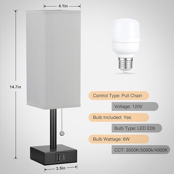 Gray Small Bedroom Lamp - 3 Color Temperature 3000K 5000K 4000K Bedside Lamp, Pull Chain Control, USB A and C Charging Ports, Black Base, for Kids Office Dorm, Bulb Included - LeafyLoom