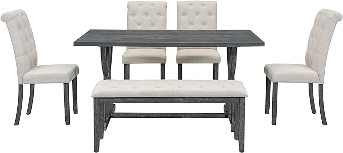6-Piece Retro Dining Table Set with Unique Wood Legs and 4 Upholstered Button-Tufting Back Chairs & 1 Bench for Kitchen Furniture, Gray Wash, 59.8" L x 35.8" W x 30" H - LeafyLoom