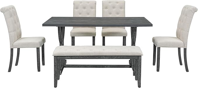 6-Piece Retro Style Rectangular Dining Table Set with Unique Legs and 4 Upholstered Chairs & 1 Bench for Kitchen, Breakfast Nook, Living Room, Gray Wash, 59.8" L x 35.8" W x 30" H - LeafyLoom