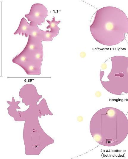 Angel Pink Party Decorations, Battery Powered Angel Night Light for Kids, Girl Birthday Party Decorations, Pink Room Decor for Girls, Pink Wall Decor for Girls Bedroom - LeafyLoom