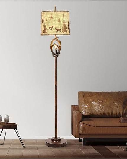 Scenekoy Rustic Farmhouse Antlers Floor Lamp with Nightlight Brown Finish Round Shade Lamps for Living Room Bedroom Office Study House - LeafyLoom