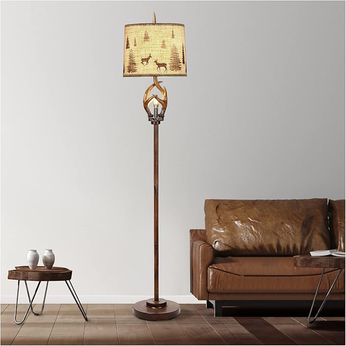 Scenekoy Rustic Farmhouse Antlers Floor Lamp with Nightlight Brown Finish Round Shade Lamps for Living Room Bedroom Office Study House - LeafyLoom