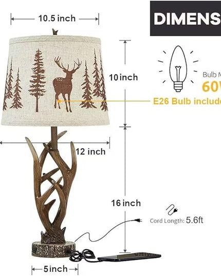 Dungoo 26" Touch Control Antler Table Lamps Set of 2, 3-Way Dimmable Rustic Lamp with 2 USB Ports, Natural Antler Lamp with Deer Forest Lampshade Farmhouse Lamps for Living Room Foyer - LeafyLoom