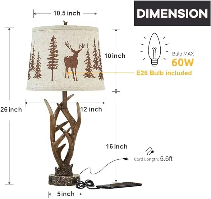Dungoo 26" Touch Control Antler Table Lamps Set of 2, 3-Way Dimmable Rustic Lamp with 2 USB Ports, Natural Antler Lamp with Deer Forest Lampshade Farmhouse Lamps for Living Room Foyer - LeafyLoom