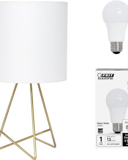 Simple Designs LT2066-GDW-LB 14" Down to The Wire Table Lamp for Bedroom, Living Room, Entryway, Office, Gold with White Shade, with Feit LED Bulb Included - LeafyLoom