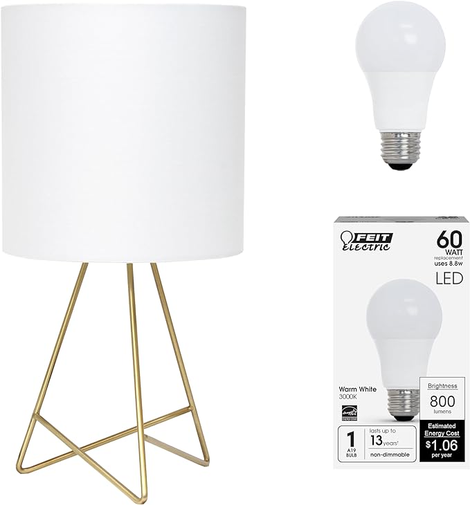 Simple Designs LT2066-GDW-LB 14" Down to The Wire Table Lamp for Bedroom, Living Room, Entryway, Office, Gold with White Shade, with Feit LED Bulb Included - LeafyLoom
