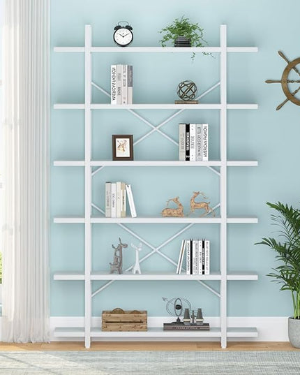 HSH 6 Tier Tall White Bookshelf, Industrial Modern Vertical Metal and Wood White Bookcases 6 Shelf,Farmhouse Open Large Storage Book Shelves & Display Book Shelf for Bedroom Living Room Office - LeafyLoom