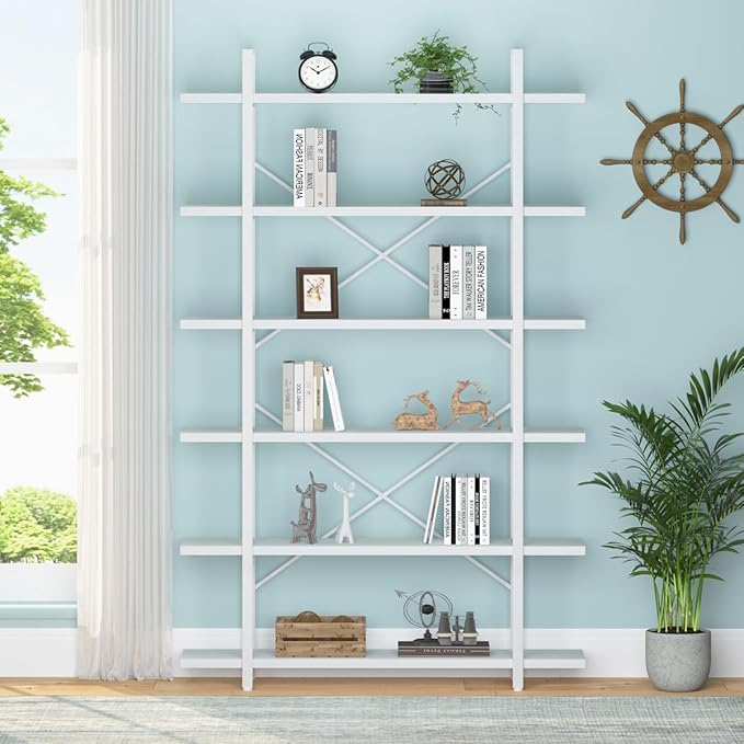 HSH 6 Tier Tall White Bookshelf, Industrial Modern Vertical Metal and Wood White Bookcases 6 Shelf,Farmhouse Open Large Storage Book Shelves & Display Book Shelf for Bedroom Living Room Office - LeafyLoom