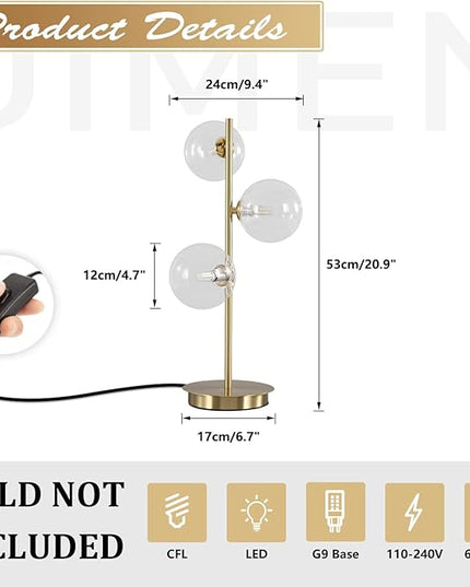 Mid Century Gold Globe Table Lamp Modern Golden Desk Reading Lamp Contemporary Brass Metal Nightstand Lamp with Clear Glass Shade Bedside Lamp for Bedroom Study Room Office MTL03-C - LeafyLoom