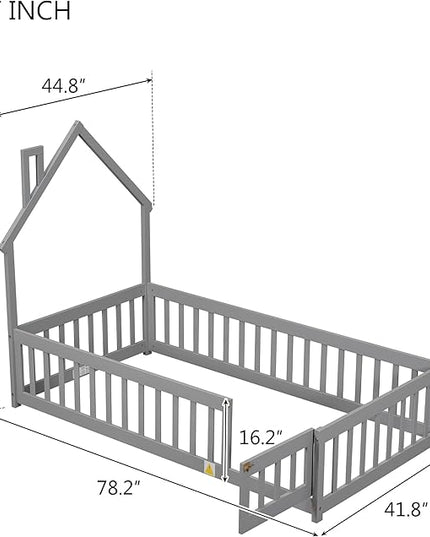 Twin Size Kids Montessori Floor Bed,House-Shaped Headboard Floor Bed for Kids,Floor Bed with Fence and Door,House Bed Twin Frame for Girls,Boys(Twin,Grey) - LeafyLoom