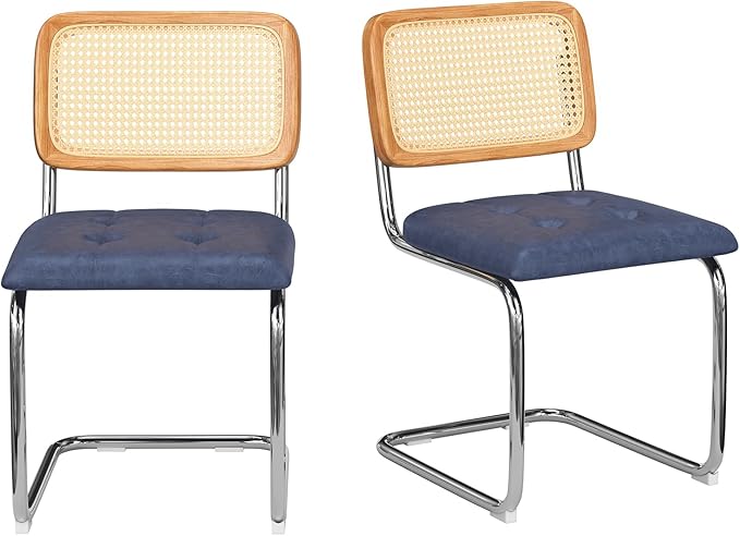 Farini Kitchen Dining Chairs Set of 2,Mid-Century Modern Chair Armless Mesh Backrest Cane Rattan Chairs for Home Dining Room(Royal Blue,PU Leather) - LeafyLoom