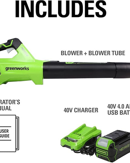 Greenworks 40V (120 MPH / 450 CFM) Axial Blower, 4.0Ah USB Battery (USB Hub) and Charger Included - LeafyLoom