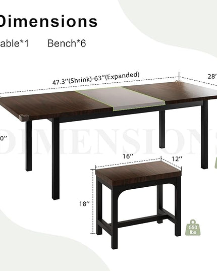 Feonase 7-Piece Dining Table Set with 6 Stools, 63" Large Extendable Kitchen Table Set for 4-8, Mid-Century Dining Room Table with Heavy-Duty Frame, Easy Assembly, Espresso - LeafyLoom