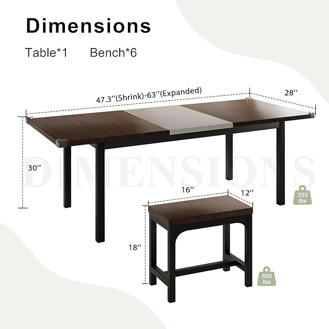 Feonase 7-Piece Dining Table Set with 6 Stools, 63" Large Extendable Kitchen Table Set for 4-8, Mid-Century Dining Room Table with Heavy-Duty Frame, Easy Assembly, Espresso - LeafyLoom