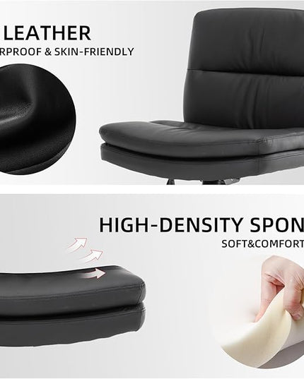 Armless Office Chair with Wheels Wide Desk Chair Leather Mid Back Accent Chair Padded Swivel Vanity Chair for Girl Women Computer Task Chair for Home Office (Leather, Black) - LeafyLoom