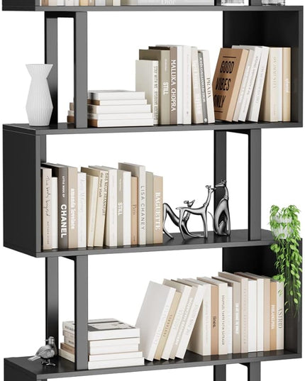 Gadroad 5-Tier Geometric Bookcase,S Shaped Bookshelf, Wood Decorative Storage Shelving, Modern Freestanding Display Shelves, Tall Book Shelf Unit for Living Room Bedroom, Black - LeafyLoom