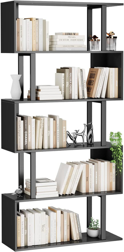 Gadroad 5-Tier Geometric Bookcase,S Shaped Bookshelf, Wood Decorative Storage Shelving, Modern Freestanding Display Shelves, Tall Book Shelf Unit for Living Room Bedroom, Black - LeafyLoom