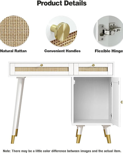 Anmytek Rattan Vanity Desk with Drawers and Storage, White Makeup Vanity Table Modern Home Office Desk Computer Desk for Study D0006 - LeafyLoom
