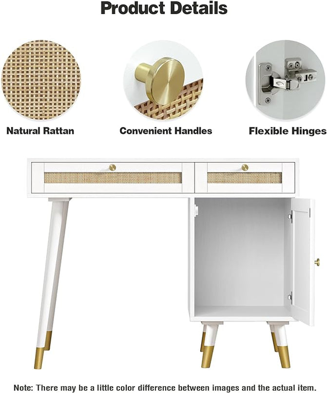Anmytek Rattan Vanity Desk with Drawers and Storage, White Makeup Vanity Table Modern Home Office Desk Computer Desk for Study D0006 - LeafyLoom
