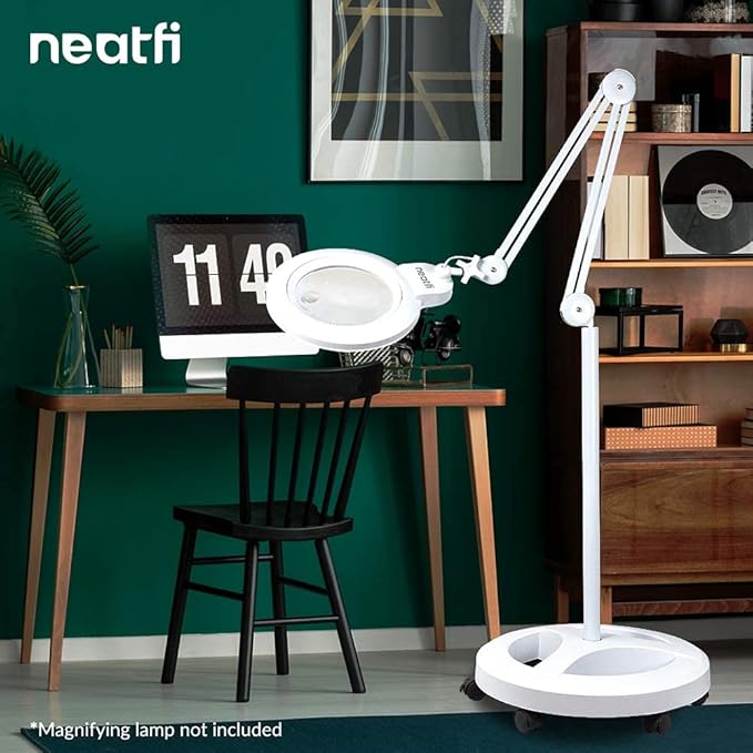 Neatfi 6-Wheel Rolling Base Floor Stand, Compatible for LED Desk Lamp and Magnifying Lamps, Versatile Stand for Work, Study, and Needlework (White) - LeafyLoom