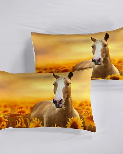 Horse Comforter King Size,Sunflower Horse Comforter Set for Kids Teens Girls Boys,3Pcs Bedding Set Printed Comforter with 2 Pillowcases,Soft and Lightweight，King Size - LeafyLoom