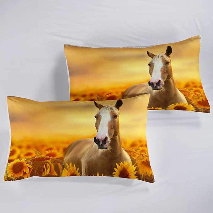 Horse Comforter Full Size,Sunflower Horse Comforter Set for Kids Teens Girls Boys,3Pcs Bedding Set Printed Comforter with 2 Pillowcases,Soft and Lightweight，Full Size - LeafyLoom