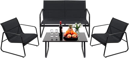 4 Pieces Patio Furniture Set Outdoor Patio Conversation Sets Poolside Lawn Chairs with Glass Coffee Table Porch Furniture for Courtyard, Garden and Balcony (Black) - LeafyLoom