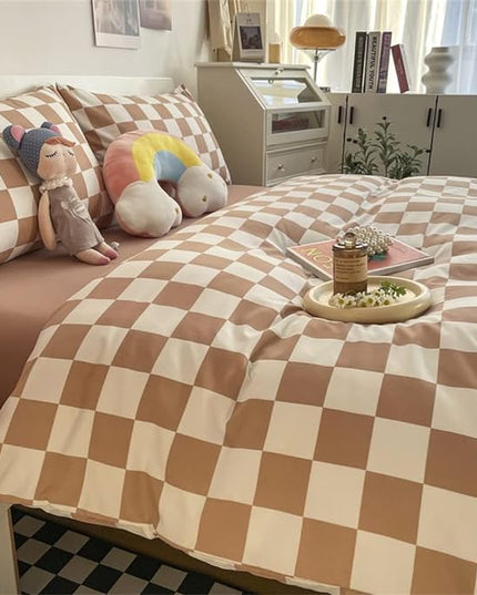 Wellboo Light Brown Plaid Comforter Sets Twin Women Men Cream Coffee and White Checkerboard Grid Bedding Comforters Cotton Boys Girls Modern Light Taupe Checkered Geometric Quilts Luxury Abstract Bed - LeafyLoom
