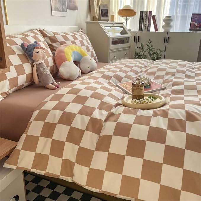 Wellboo Light Brown Plaid Comforter Sets Twin Women Men Cream Coffee and White Checkerboard Grid Bedding Comforters Cotton Boys Girls Modern Light Taupe Checkered Geometric Quilts Luxury Abstract Bed - LeafyLoom
