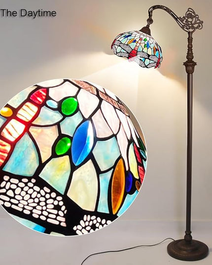 Capulina Tiffany Floor Lamp Fine Sky Dragonfly Style Stained Glass Arched Gooseneck Adjustable Angle Floor Lamp for Living Room Bedroom Home Office - LeafyLoom